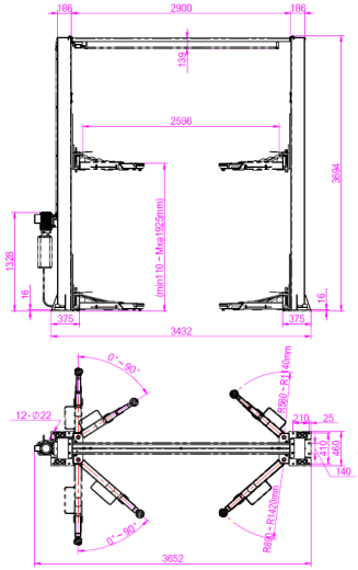 clean floor two post lift with manual two side release TP-2PCLD1 dimension drawing-1