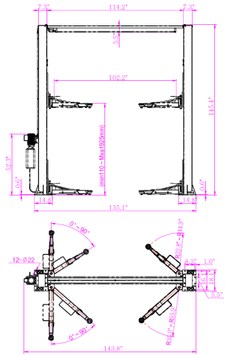 clean floor two post lift with manual two side release TP-2PCLD1dimension drawing-2