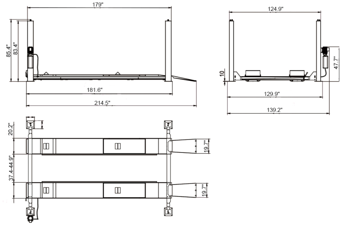 4 post alignment lift TP-4P9B inch dimension 1