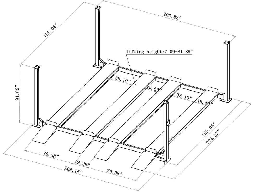 Four post double wide parking lift TP-4PDBL inch dimension 2