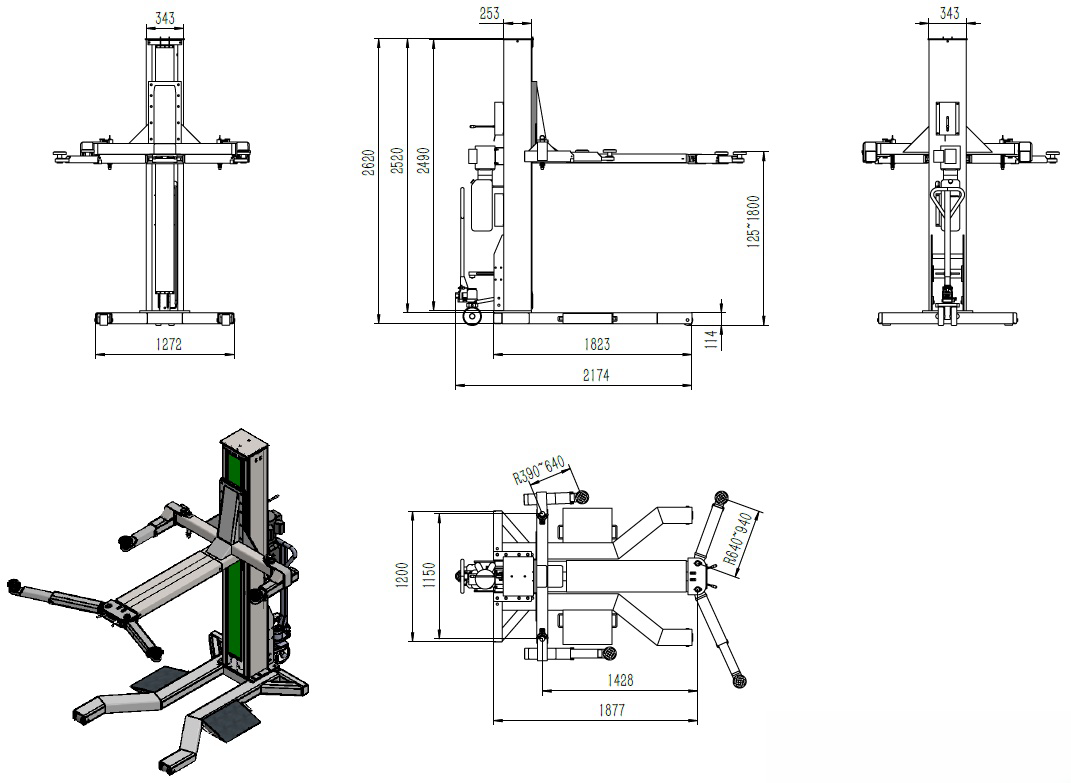 Movable single post lift TP3.0-SPE dimension