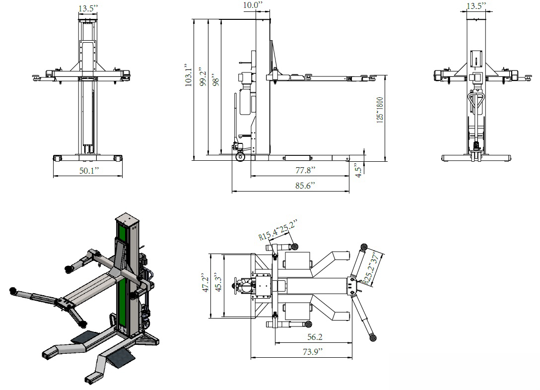 Movable single post lift TP3.0-SPE inch dimension