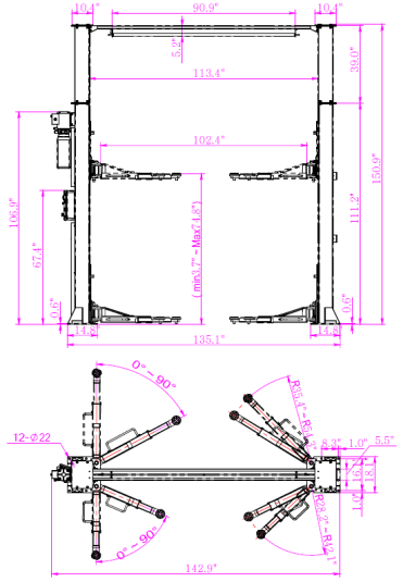 two post clear floor electrical release TP-2PCLE Dimensional Drawing 2