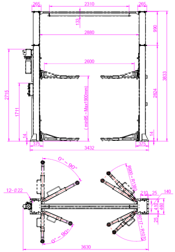 two post clear floor electrical release TP-2PCLE Dimensional Drawing 1