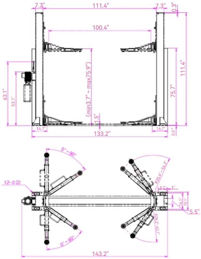 two post lift with manual one side release QJY4.0-D7 Dimensional Drawing 2