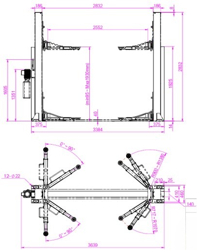 two post lift with manual one side release QJY4.0-D7 Dimensional Drawing