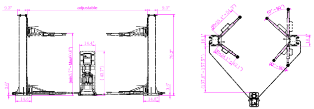 two post movable lift with two side release QJY3.0-E Dimensional Drawing 1