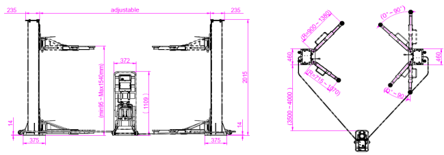 two post movable lift with two side release QJY3.0-E Dimensional Drawing 2